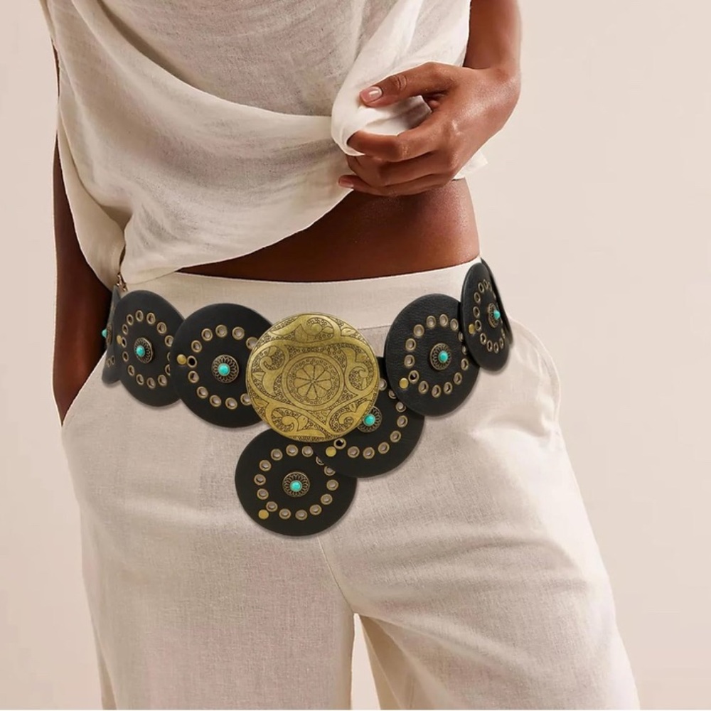 Black Vegan Leather Belt with Gold & Turquoise Accents
